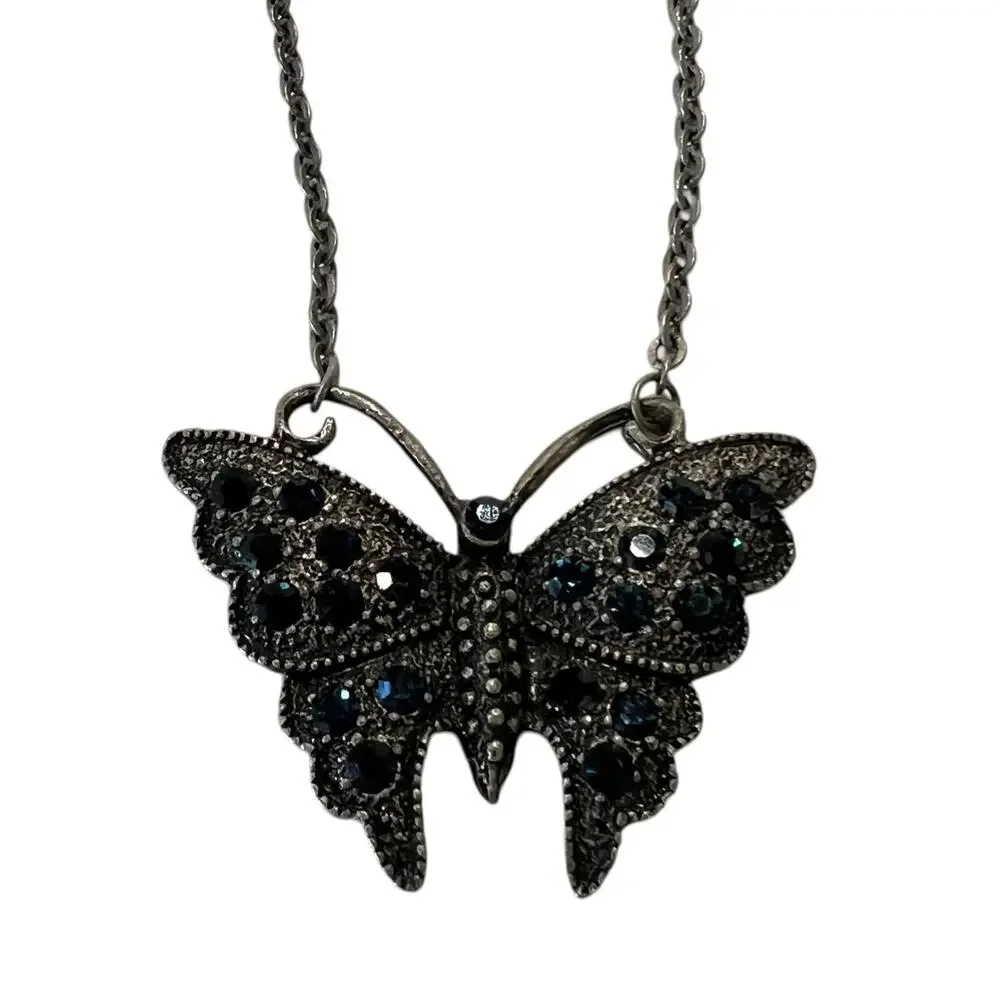 Butterfly Pendant Necklace Dark Blue Rhinestone Gunmetal Gothic Style